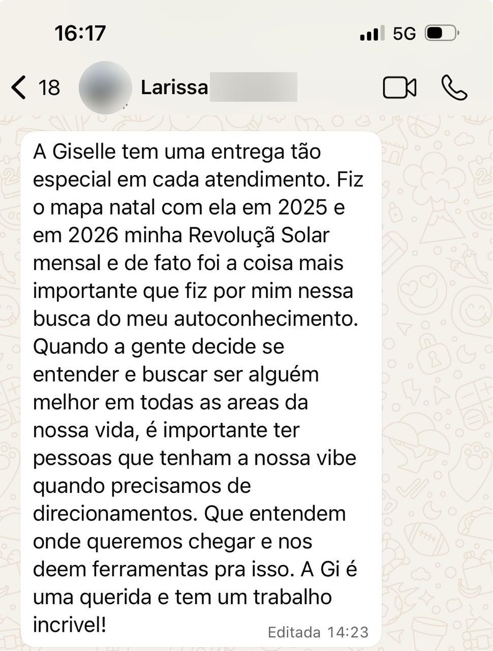 Print de conversa de WhatsApp em que uma cliente diz que a leitura foi a coisa mais importante que fez por si na busca pelo autoconhecimento.