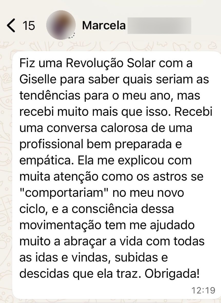 Print de conversa de WhatsApp em que uma cliente conta que recebeu uma conversa calorosa e que a consciência dos ciclos a ajuda a abraçar a vida.